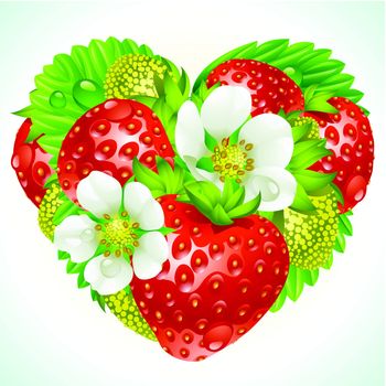 Vector red strawberry, green leaf and white flower in the shape of heart