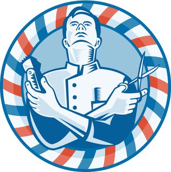 Illustration of a barber looking up holding hair clipper cutter and scissors set inside circle with red and blue stripes done in retro woodcut style.