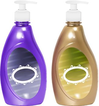 vector realistic liquid soap container in gold and purple color, eps10 file, gradient mesh and transparency used