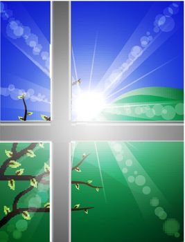 vector view through window at bright spring morning. eps10 file, transparency and blending used
