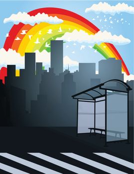 Rainbow in the sky over a city. A vector illustration