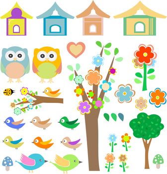 vector set birds with birdhouses, owls, trees and flowers