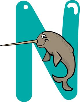 cartoon illustration of N letter for narwhal