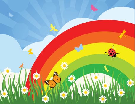 Rainbow over a glade of insects. A vector illustration