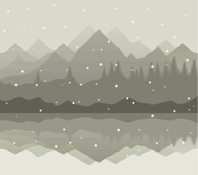 Snow goes on mountain lake. A vector illustration