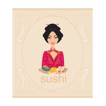 beautiful Asian girl enjoy sushi