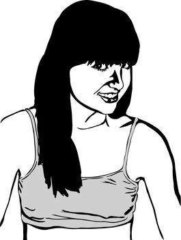 black and white sketch of a girl in a short t-shirt
