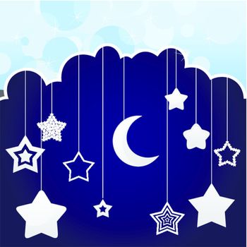 Stars and month in the night sky. A vector illustration