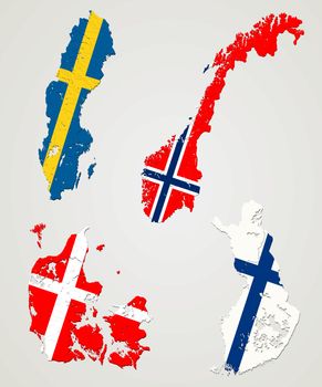 Map and flags of four major nordic countries. Norway, Sweden, Finland and Denmark.
