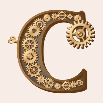 Mechanical alphabet made from gears. Letter c