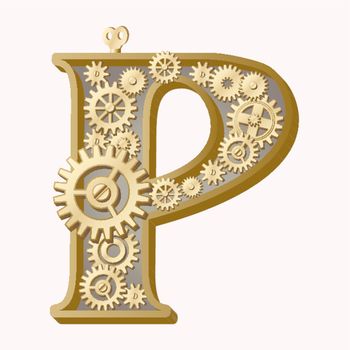 Mechanical alphabet made from gears. Letter p
