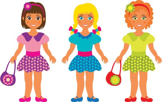 vector illustration of three little pretty smiling girls
