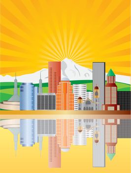 Portland Oregon Downtown Skyline with Mount Hood at Sunrise Illustration