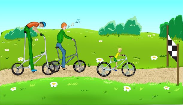 Funny cycling with three cyclists. Vector illustration EPS8