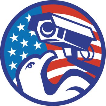 Illustration of an american bald eagle with surveillance security camera with stars and stripes flag set inside circle done in retro style.