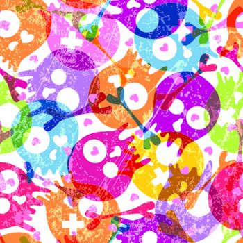 Multicolor seamless pattern with skulls and hearts on white background. EPS 10 vector illustration. Contains transparency effects.