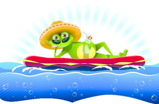 illustration green frog on a water mattress