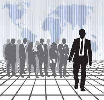 Digital Illustration of businessmen and businesswomen with the world
