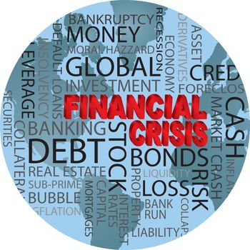 World Financial Crisis 3D in Red Word Cloud Illustration in World Globe Background