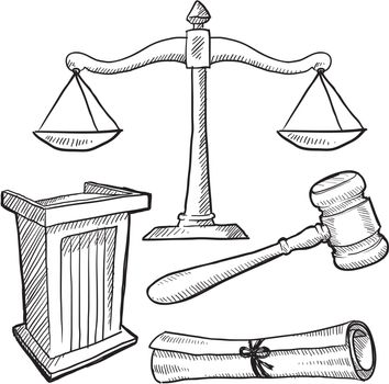 Doodle style justice or law vector illustration with podium, gavel, and scales of justice