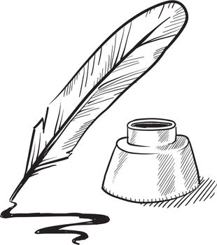 Doodle style feather quill pen and ink well illustration in vector format