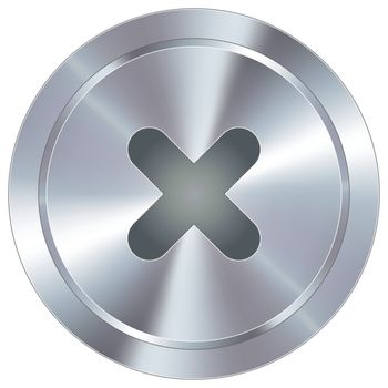X or close icon on round stainless steel modern industrial button suitable for use as a website accent, on promotional materials, or in advertisements.