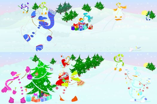 Two banners of snowmen living in magic forest 
