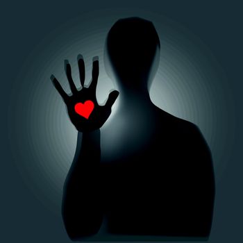 Heart in hand, a mystical figure. Vector illustration.