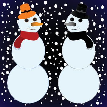 snow mans over snowy background; abstract vector art illustration