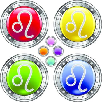 Round shiny vector button with leo zodiac symbol icon on colorful background
