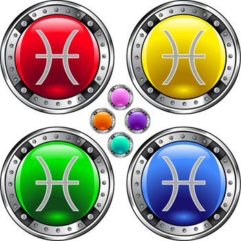 Round shiny vector button with pisces zodiac symbol icon on colorful background