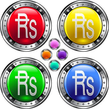 Indian rupee currency icon on round colorful vector buttons suitable for use on websites, in print materials or in advertisements. Set includes red, yellow, green, and blue versions.