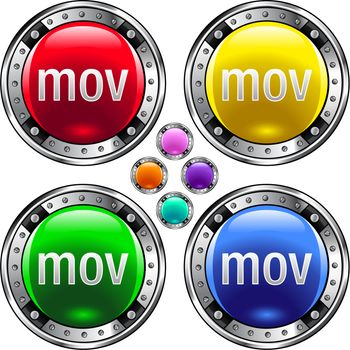 MOV file extension icon on round colorful vector buttons suitable for use on websites, in print materials or in advertisements. Set includes red, yellow, green, and blue versions.