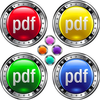 PDF file extension icon on round colorful vector buttons suitable for use on websites, in print materials or in advertisements. Set includes red, yellow, green, and blue versions.