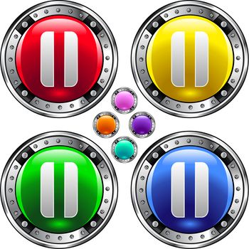 Pause media player icon on round colorful vector buttons suitable for use on websites, in print materials or in advertisements. Set includes red, yellow, green, and blue versions.