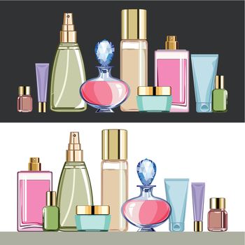Set of cosmetics packaging, bottles and containers for beauty care, on white or dark background, objects are grouped, no gradient, vector illustration