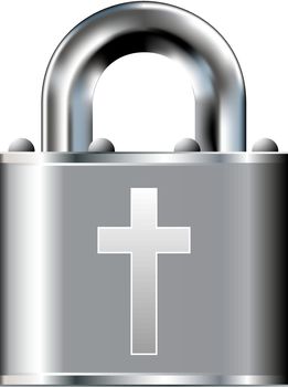 Christian cross religious icon on vector padlock button