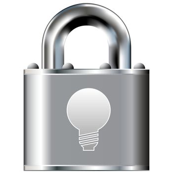 Light bulb or idea icon on secure vector lock button. Suitable for use on websites, in print, and on brochures.