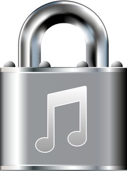 Music notes or antipiracy icon on stainless steel padlock vector button