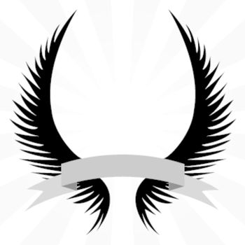 Gothic looking angel wings crest with a banner ribbon isolated over a silver rays background.  
