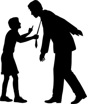Editable vector silhouette of a young boy warning a man who could be his father or a businessman as a concept of responsibility to future generations
