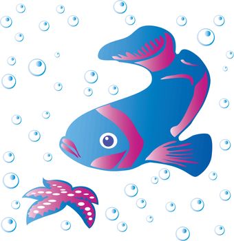 Fish and Starfish with bubbles isolated vector illustration.