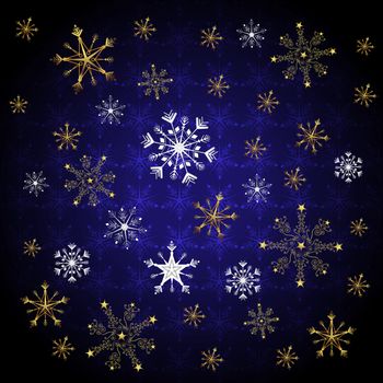 Snowflake and stars over blue background