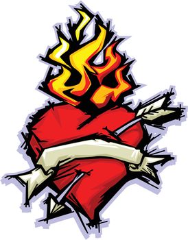 Vector Illustration of a Flaming Heart image with Arrow and Flames