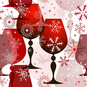 Christmas translucent seamless pattern with red wine glasses and filigree snowflakes. (vector EPS 10)