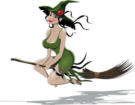 illustration of beautiful sexy witch riding a broom