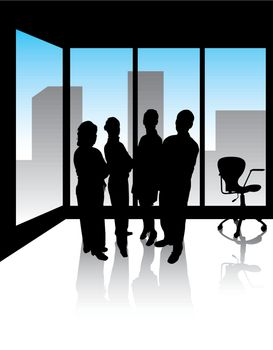 four managers in office with skyline of the city