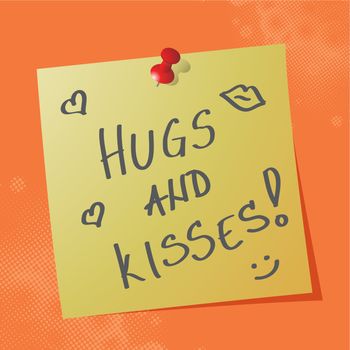 "hugs and kisses" handwritten message on sticky paper, eps10 vector illustration
