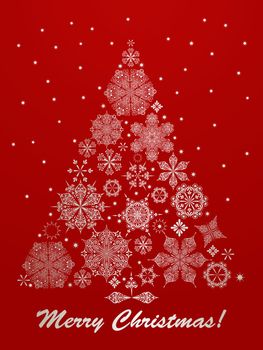 vector  christmas greeting card with fir tree made of snowflakes on red bacxkground,  fully editable eps 10 file, 
