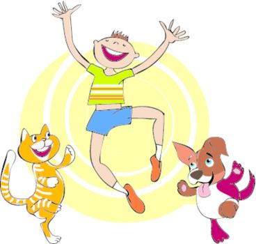 Vector cartoon of group of a cat, dog and boy having fun